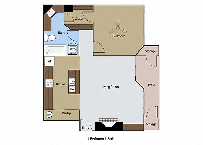 Floor plan for 1 bed, 1 bath, 725 sqft